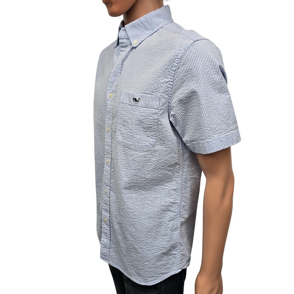 Vineyard Vines Seersucker Shirt Men S Short Sleeves Stretch Blue Striped Whale - Picture 6 of 13